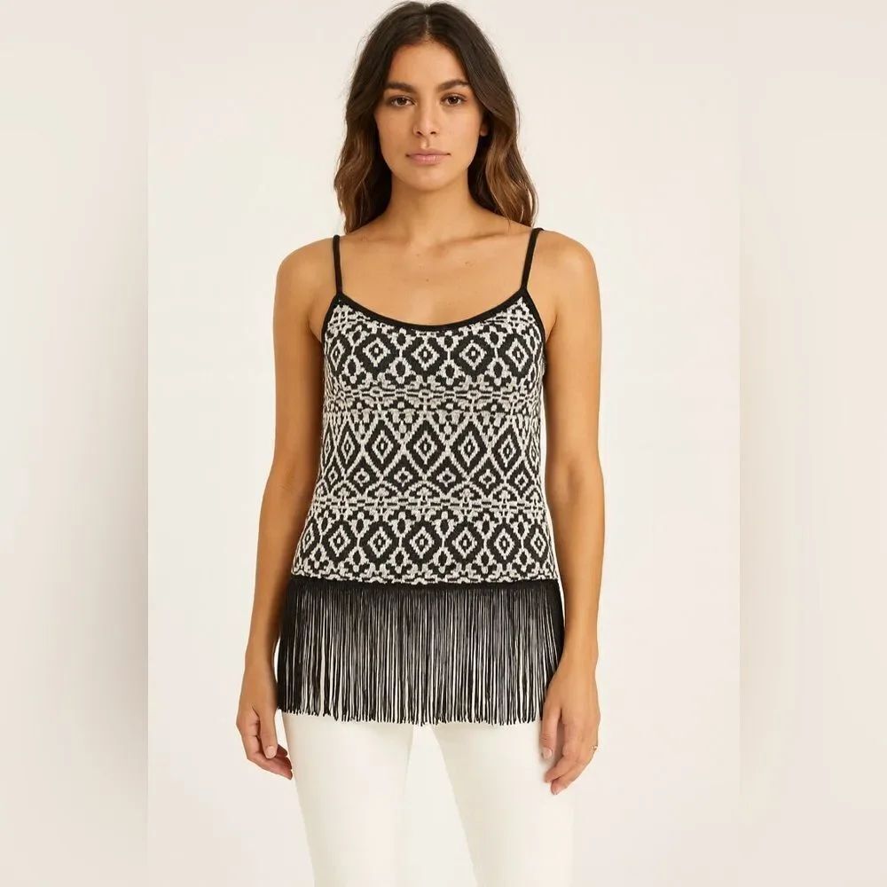 Freeway Black & White Tribal Fringe Tank Top Boho Festival Style sz M